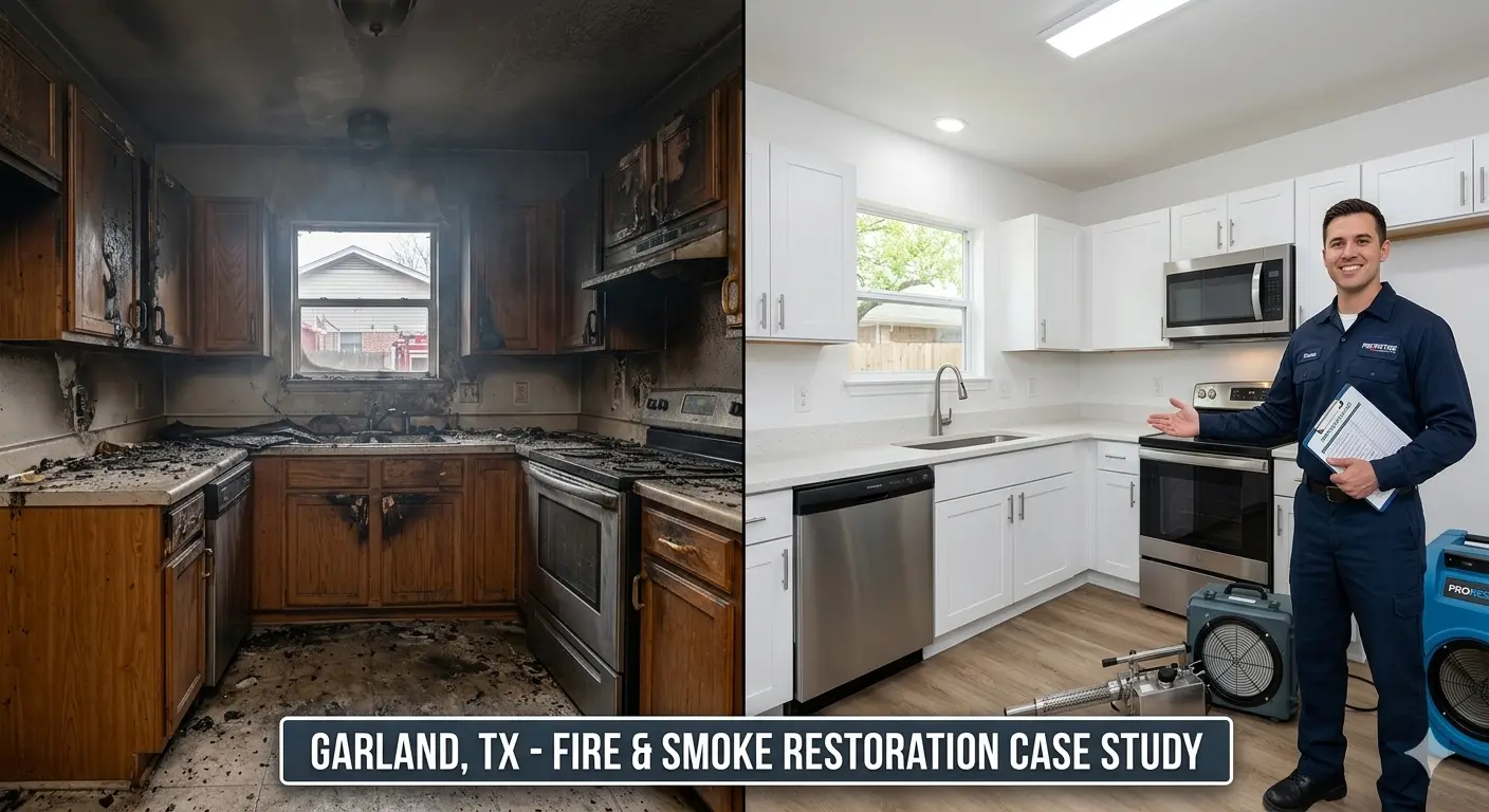 Before and After comparison image showing a charred, soot-damaged kitchen transformed into a clean, fully restored space in Garland, TX, by PRORESTORE technicians.