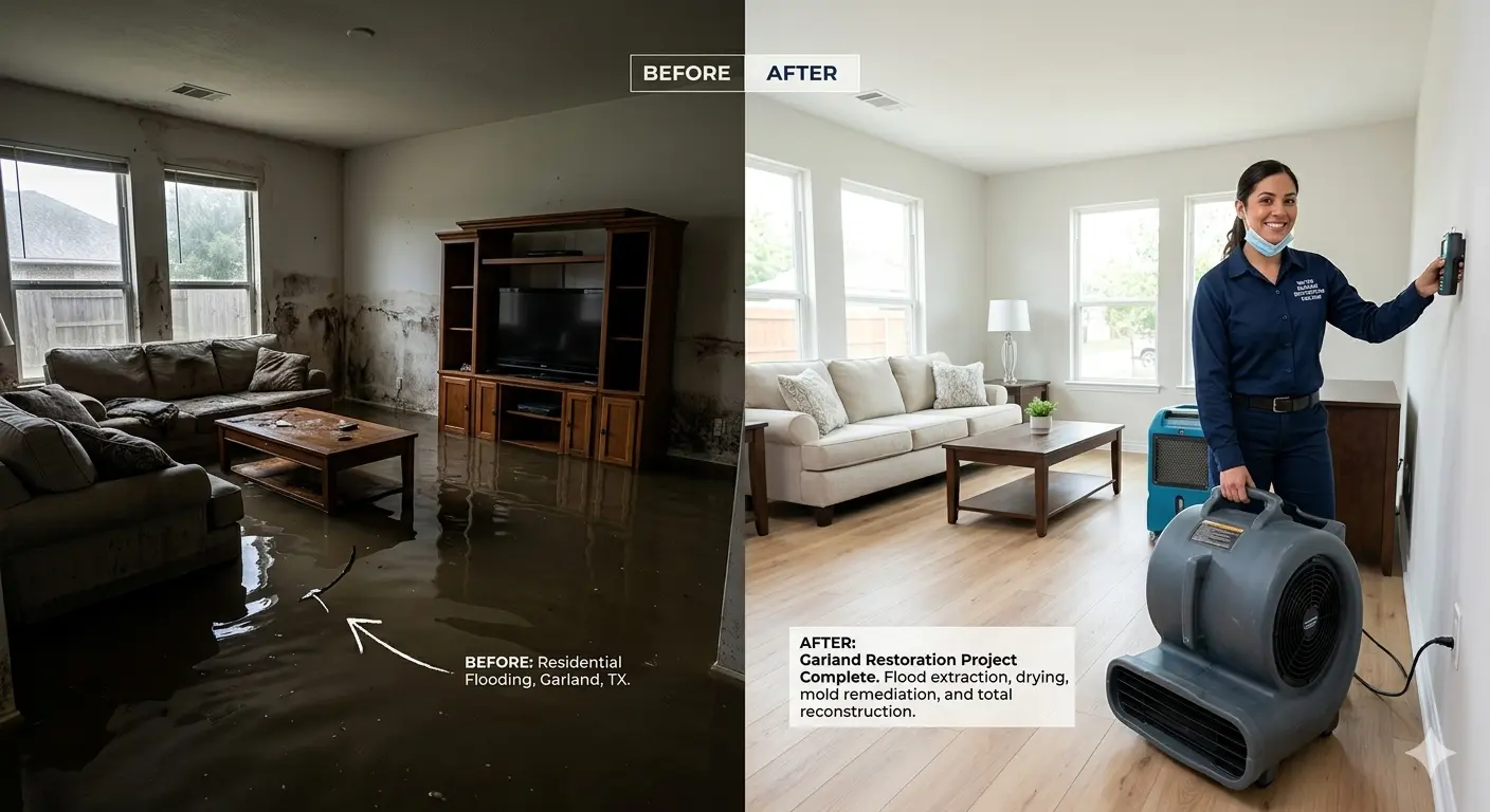 Before and After comparison image showing a flood water damaged room transformed into a clean, fully restored space in Garland, TX, by PRORESTORE technicians.