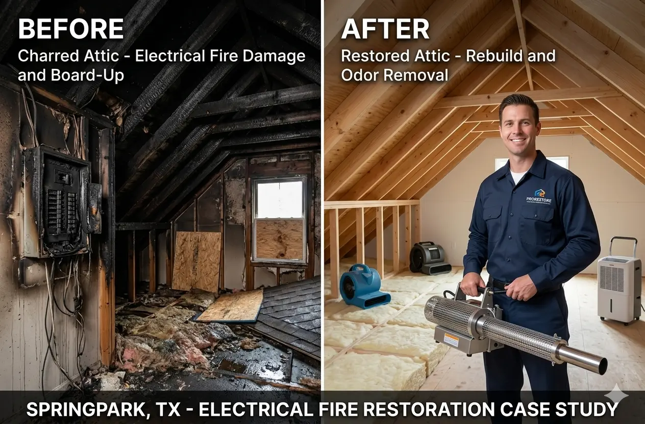 Before and after comparison of an electrical fire in a SpringPark, TX attic. The damaged scene with charred beams and board-up is transformed into a clean, drywalled, and restored space, featuring a PRORESTORE technician with odor removal equipment.
