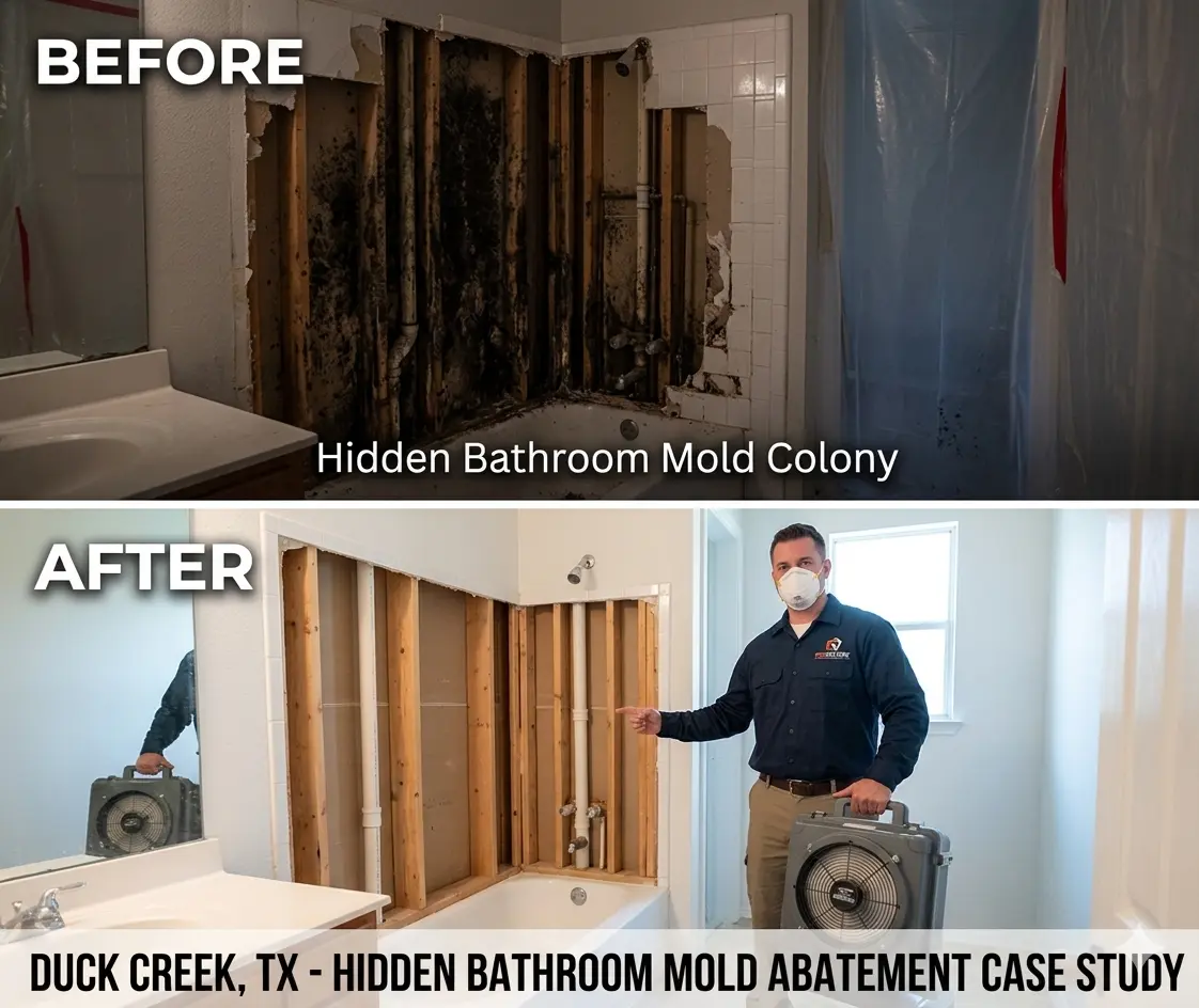 Before and after comparison of hidden toxic mold abatement behind a shower wall in a Duck Creek home in Garland, TX, featuring a PRORESTORE technician operating commercial HEPA air scrubbers.