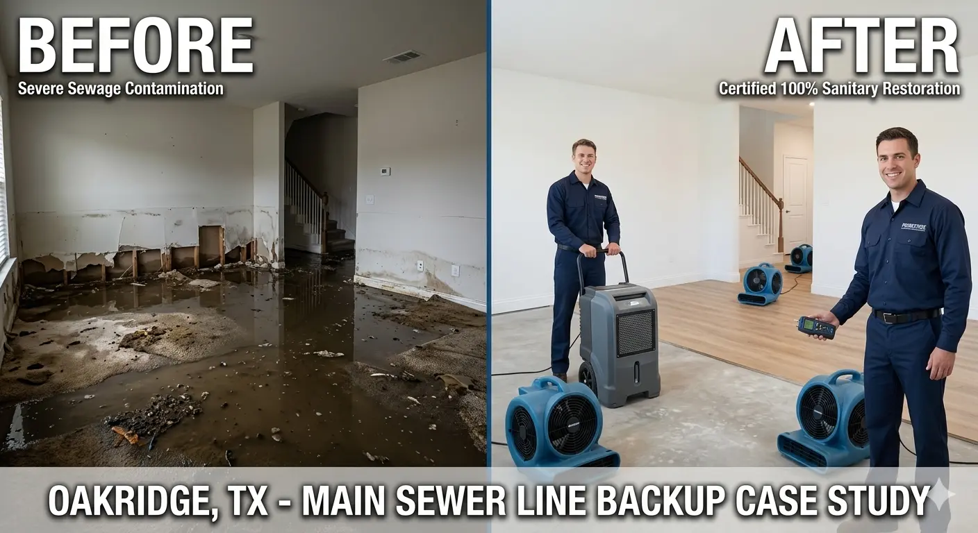 Before and after comparison of a severe main sewer line backup flooding a residential ground floor in Oakridge, TX, cleaned and restored to a sanitary state by a PRORESTORE technician using industrial air movers and a dehumidifier.