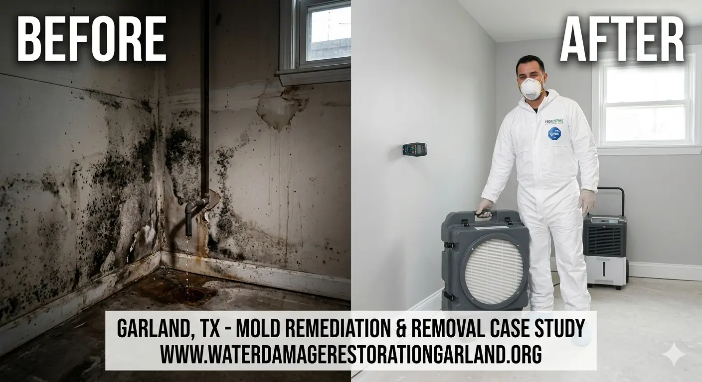 Before and after comparison of a severe black mold removal and remediation project in a Garland, TX basement, featuring a PRORESTORE technician operating a commercial air scrubber.