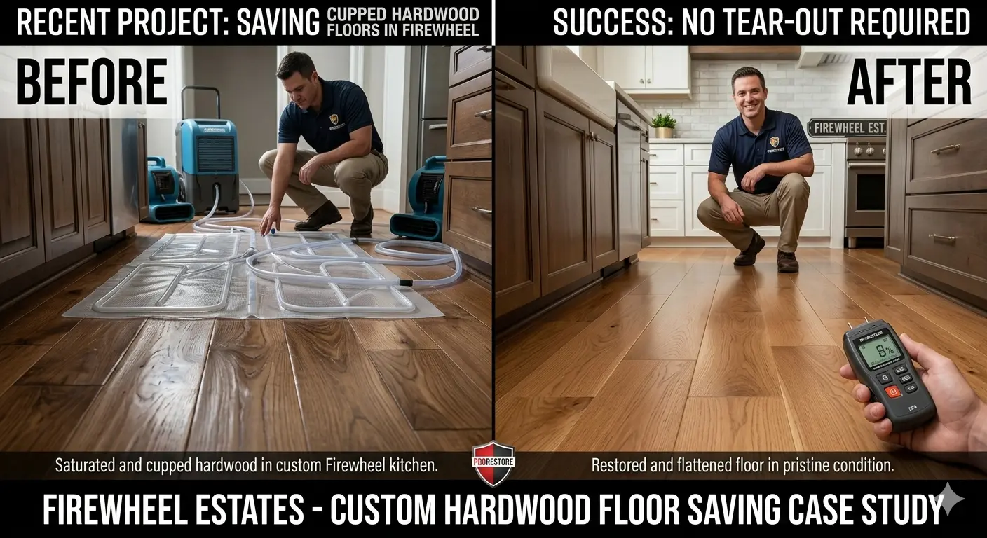 Before and after comparison of cupped hardwood floors in a Firewheel Estates home in Garland, TX, dried and saved using a specialized injection drying mat system by a PRORESTORE technician.