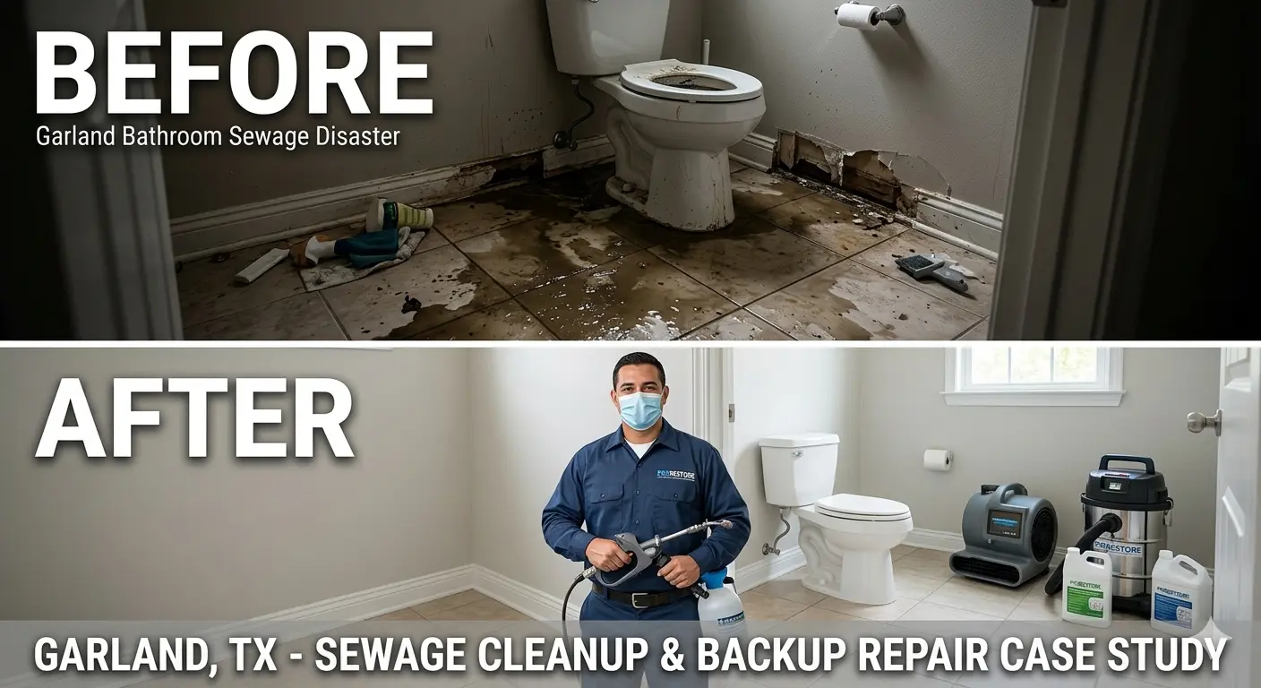 Before and after comparison of a severe bathroom sewage backup in Garland, TX, completely cleaned, sanitized, and restored by a PRORESTORE technician using professional disinfectants.
