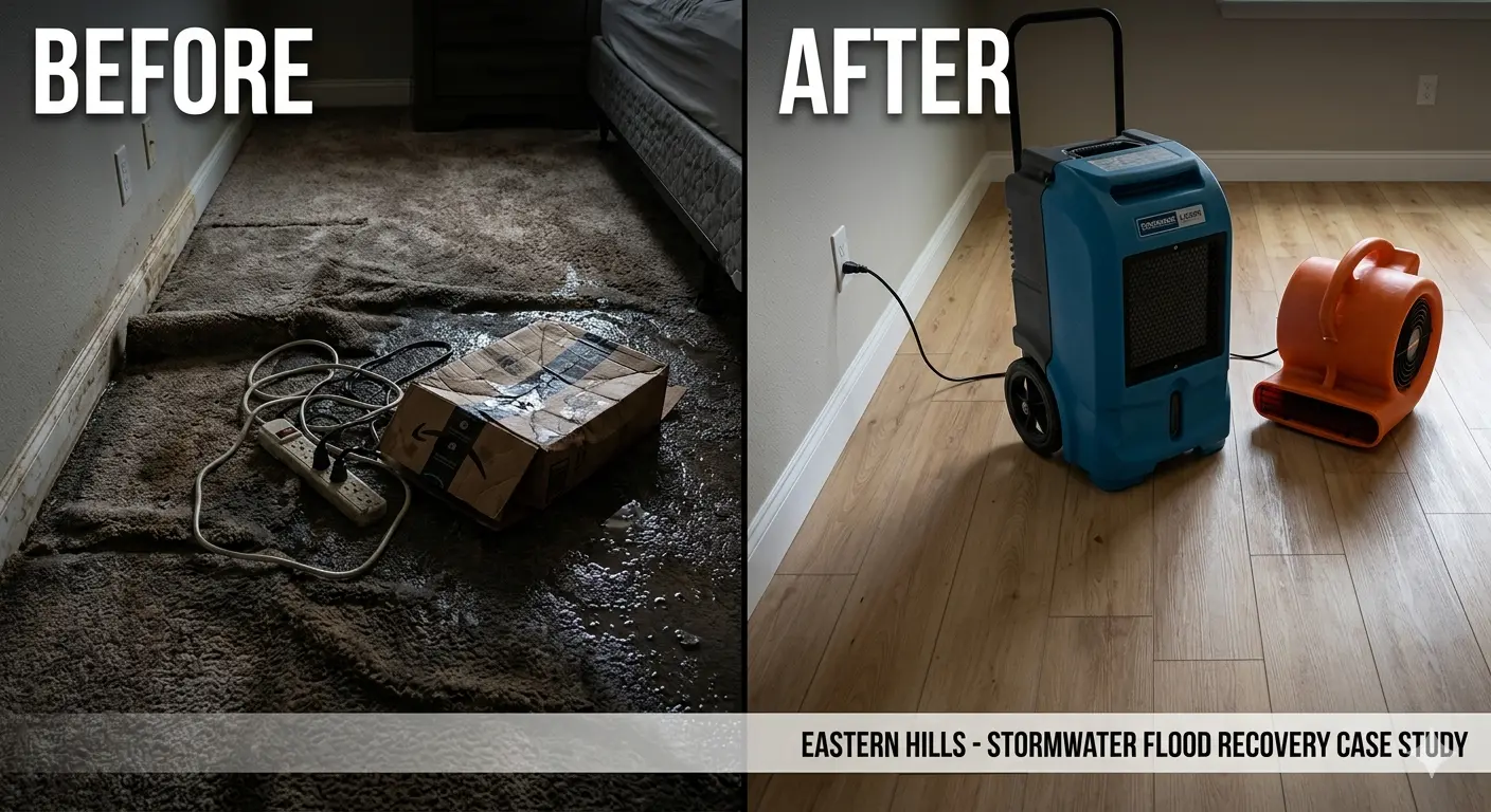 Before and after comparison of a stormwater flood recovery in an Eastern Hills home in Garland, TX. The image shows a collapsed ceiling and standing water transformed into a clean, dried structural frame by a PRORESTORE technician using high-velocity drying equipment.