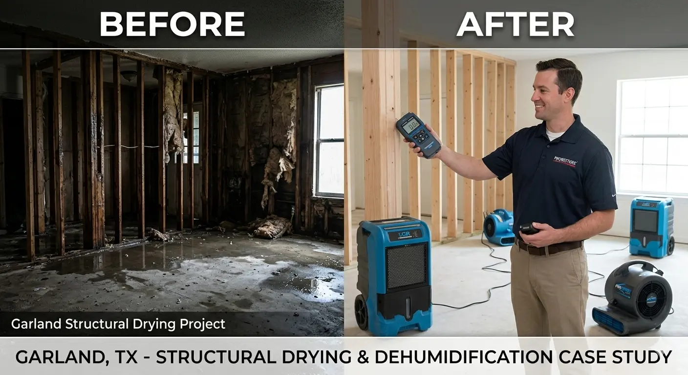 Before and after comparison of a water-logged room in Garland, TX, dried down to the studs by a PRORESTORE technician using commercial dehumidifiers and air movers.