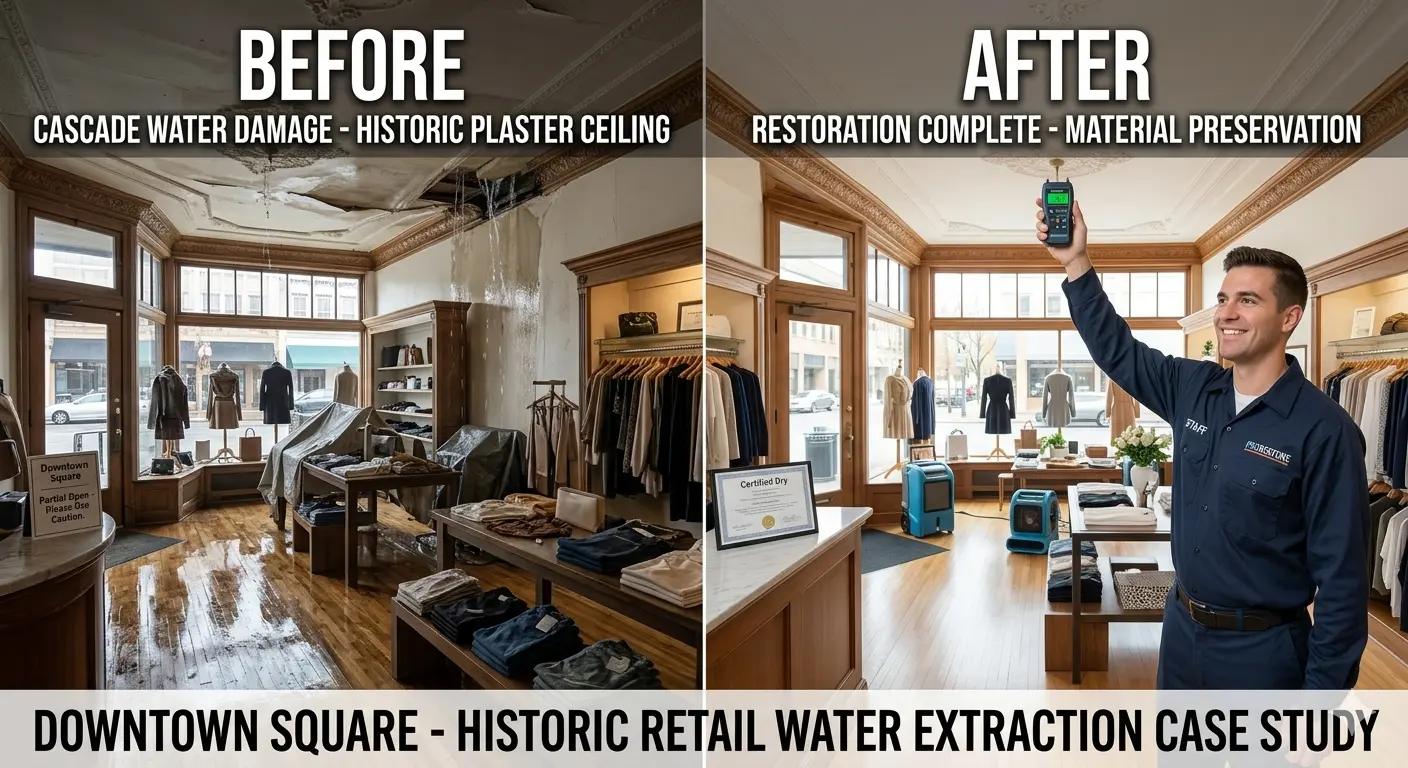 Before and after comparison of a historic 1920s retail space with ornate plaster ceilings on the Downtown Square in Garland, TX, after water extraction by a PRORESTORE technician. The beautiful plaster and wood trim are fully saved.